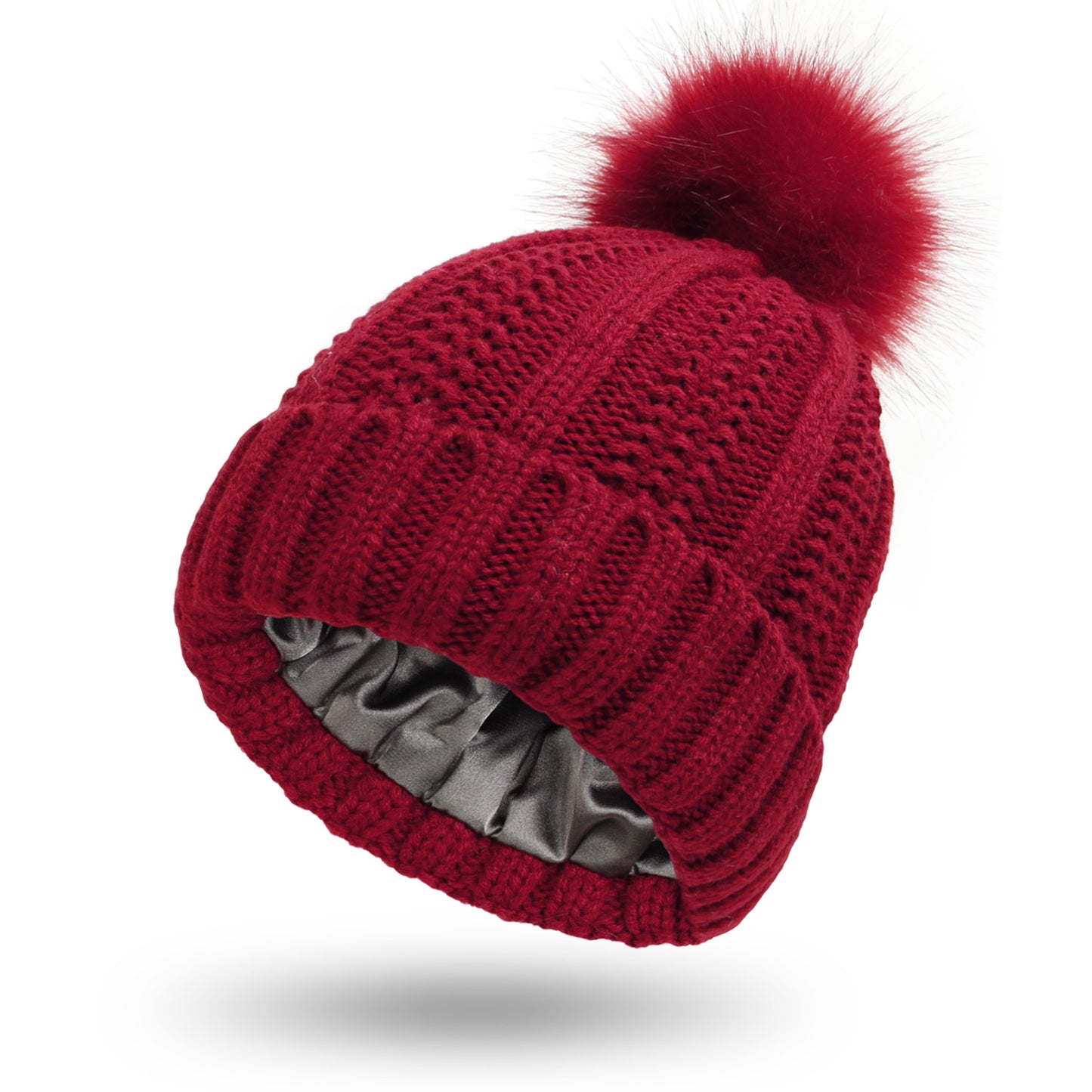 Wool Knit Satin Hat with Pom